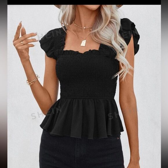 SHEIN lune blouse with ruffles and elastic waist, Black‎ size l y m - Picture 1 of 5